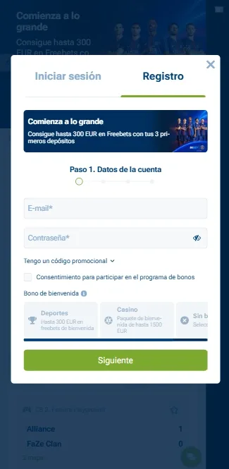 Registro en 1xBet con correo y teléfono