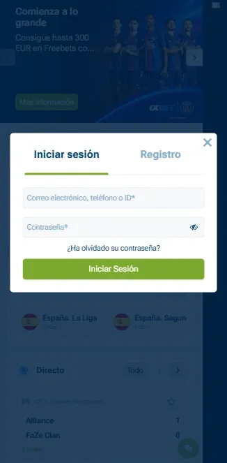 Formulario de ingreso 1xBet con email y contraseña