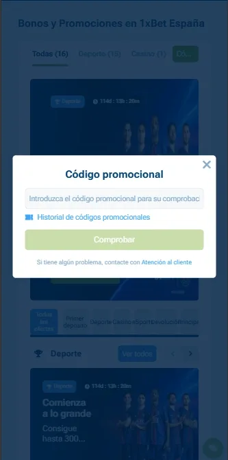 Campo de código promocional 1xBet para registro